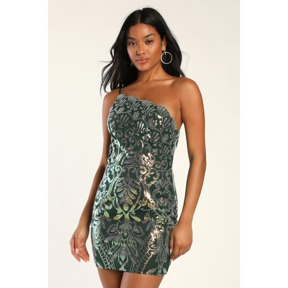 Lulus Mesmerizing Shine Green Sequin One-shoulder Mini Dress - Size S